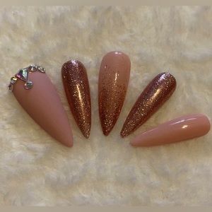 Long stiletto pink glitter ombré press on nails handmade gel rhinestones matte